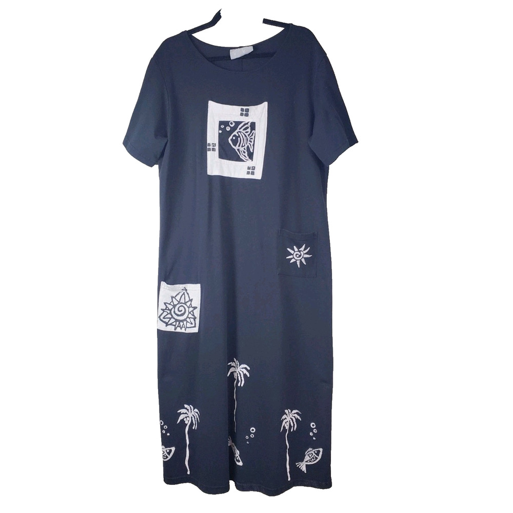 Vintage Cover Charge Womens XL Dress MAXI Bohemian Black Beach ART Cotton USA